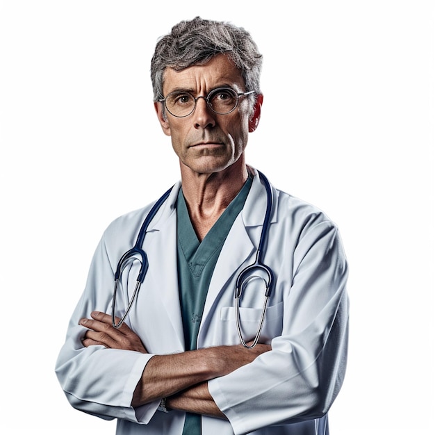 Ein Mann mit einem Stethoskop auf dem Hemd steht mit verschränkten Armen da.