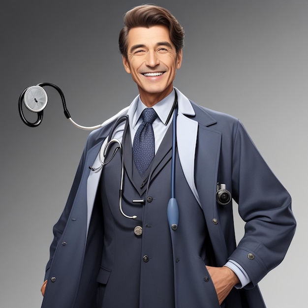 Ein Mann mit einem Stethoskop auf seinem Mantel lächelt mit dem Arzt