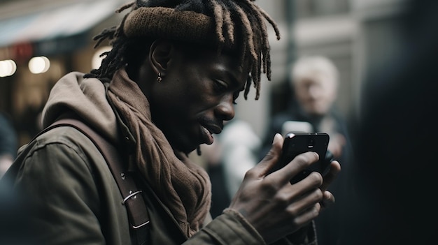 Ein Mann mit einem Telefon in der Hand schaut auf sein Telefon.