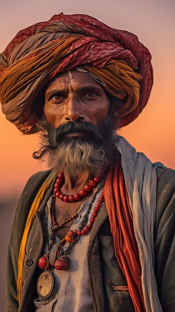 ein Mann mit einem Turban auf dem Kopf steht vor einem Sonnenuntergang