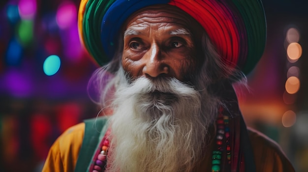 Ein Mann mit einem Turban und einem regenbogenfarbenen Turban