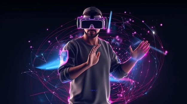 Foto ein mann mit einem virtual-reality-headset spielt ein augmented-reality -spiel mit generativer ki