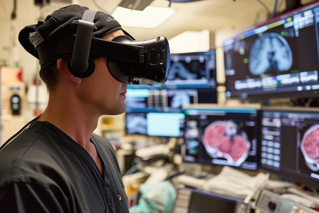 Ein Mann mit einem virtuellen Headset steht vor mehreren Bildschirmen. Neurokirurg verwendet virtuelle Realität für die chirurgische Planung.
