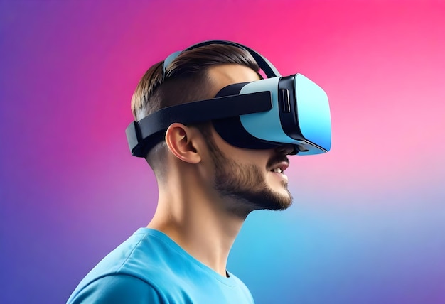 ein Mann mit einem virtuellen Reality-Headset trägt ein blaues Hemd