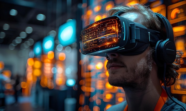 ein Mann mit einem virtuellen Reality-Headset trägt eine virtuelle Brille