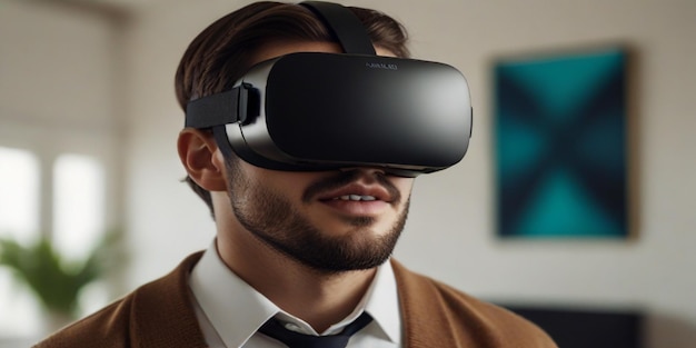 ein Mann mit einem virtuellen Reality-Headset trägt einen braunen Pullover
