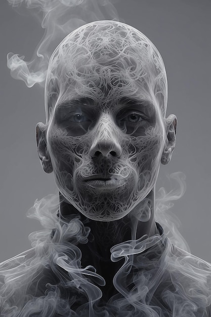 Foto ein mann mit einem von rauch bedeckten gesicht auf grauem hintergrund, der mit generativer ki-technologie erstellt wurde
