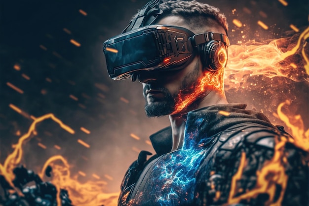 Ein Mann mit einem VR-Headset mit Feuer im Hintergrund