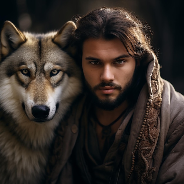Ein Mann mit einem Wolf