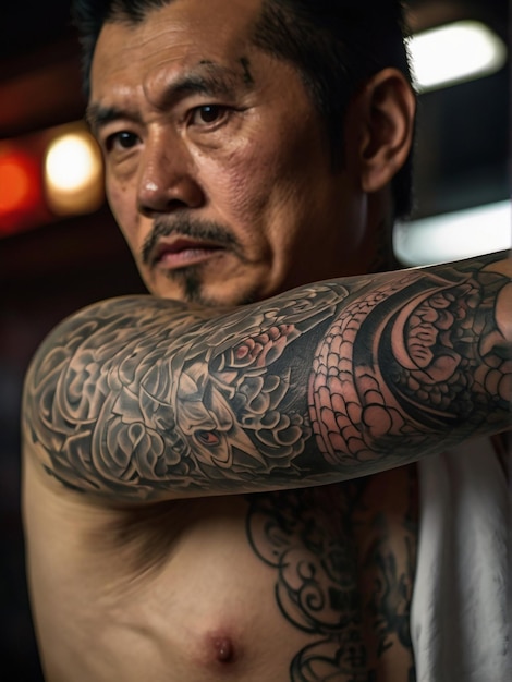 Ein Mann mit einem Yakuza-Tattoo auf dem Arm