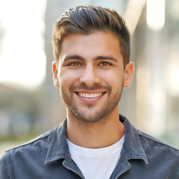 Ein Mann mit einem Ziegenbart lächelt in die Kamera und trägt ein blaues Hemd und ein weißes T-Shirt