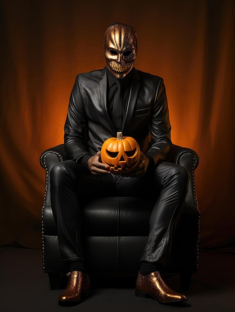 Ein Mann mit einer Halloween-Maske sitzt auf einem Lederstuhl