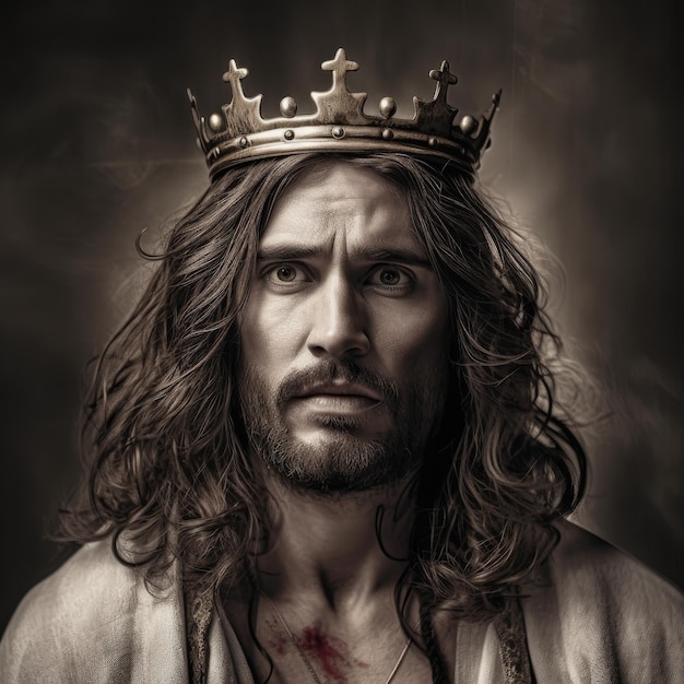 Ein Mann mit einer Krone auf dem Kopf und einem Kreuz auf der Brust.