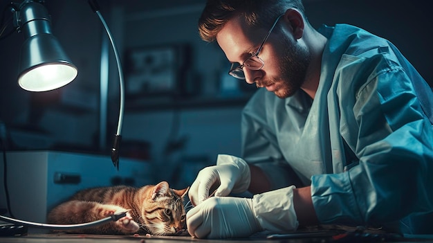 ein Mann mit einer Maske auf dem Gesicht schaut auf eine Katze