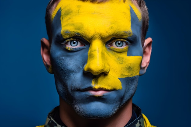 Ein Mann mit einer schwedischen Flagge auf seinem Gesicht