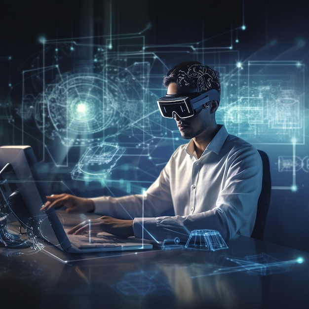 Ein Mann mit einer VR-Brille sitzt an einem Schreibtisch mit einem Computer.