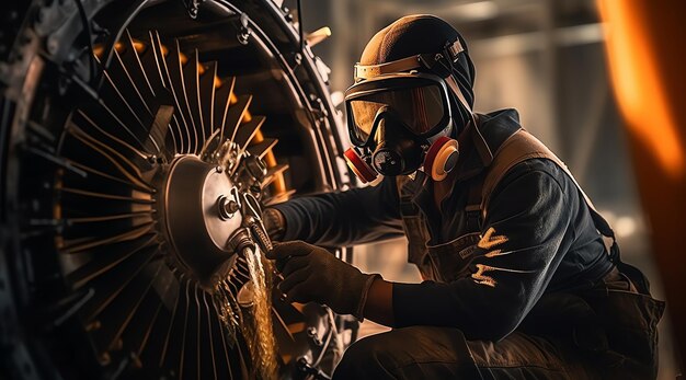 Ein Mann mit Gasmaske arbeitet an einem Flugzeugtriebwerk