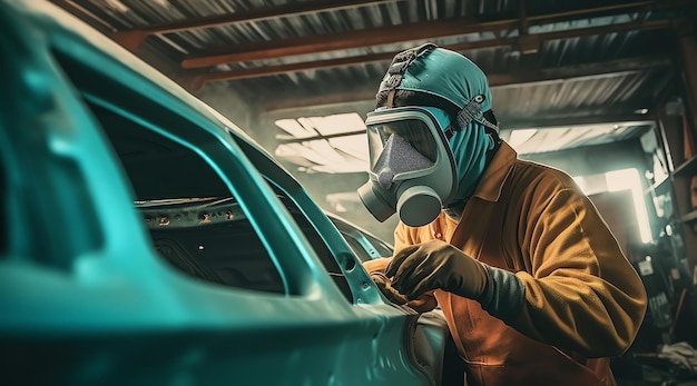 Ein Mann mit Gasmaske arbeitet in einer Garage an einem Auto