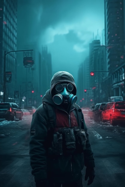 Ein Mann mit Gasmaske steht in einer dunklen Stadtstraße.