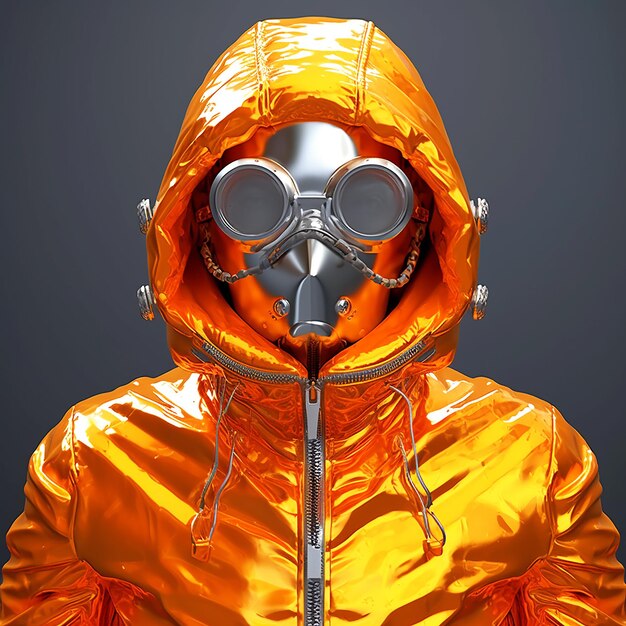 Ein Mann mit Gasmaske trägt eine leuchtend orangefarbene Kapuzenjacke im nuklearen Wintermode