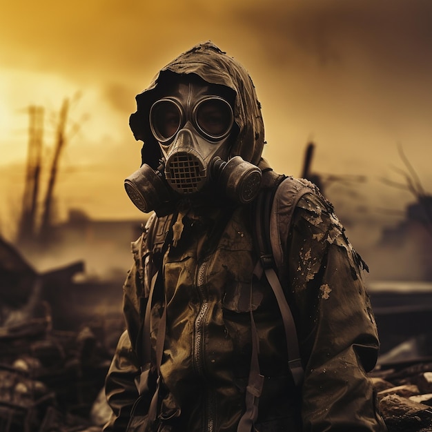 Foto ein mann mit gasmaske und gasmaske steht vor dem hintergrund eines militärpanzers.