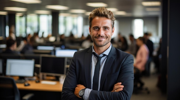 Foto ein mann mit gekreuzten armen in einem büro