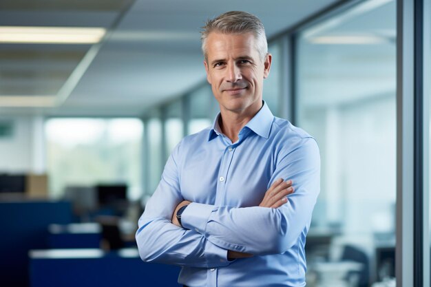 ein Mann mit gekreuzten Armen vor einem großen, leeren Büro.