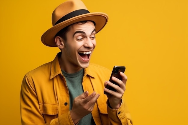 Ein Mann mit gelbem Hut hält ein Telefon und lächelt