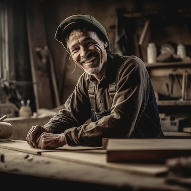 Ein Mann mit grünem Hut arbeitet mit einem Holzbrett.