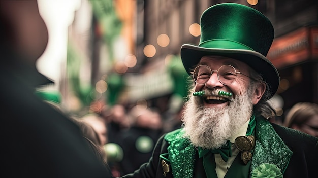 ein Mann mit grünem Hut und einem grünen Hut lächelt.