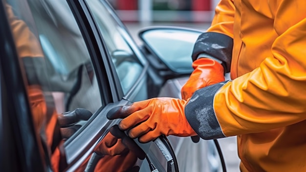 Ein Mann mit Handschuhen hält Zellen für ein Elektroauto Generative Ai