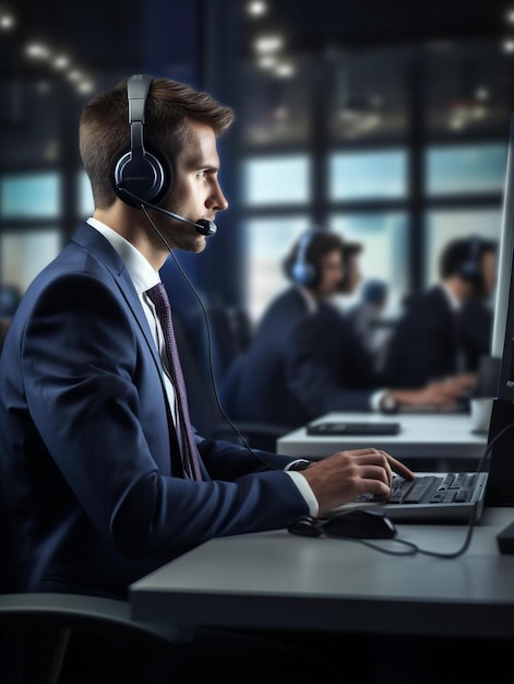 ein Mann mit Headset arbeitet an einem Computer