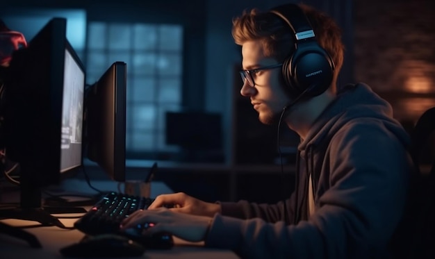 Ein Mann mit Headset sitzt an einem Computer mit einem Monitor, auf dem „Gaming“ steht.