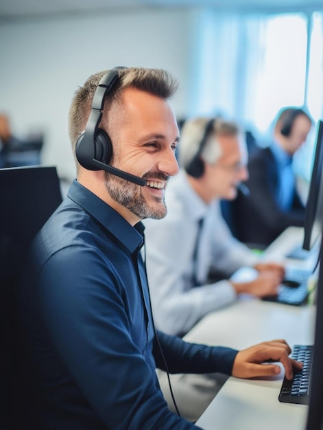 ein Mann mit Headset sitzt vor einem Computer