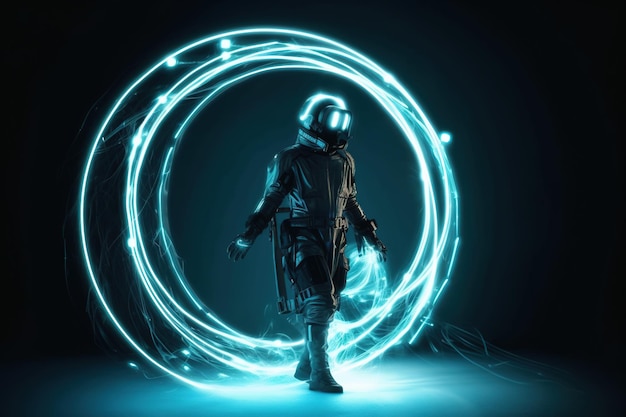 Ein Mann mit Helm geht durch einen Kreis, umgeben von blauem Licht.