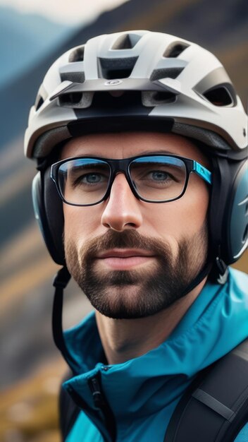 Ein Mann mit Helm und Brille steht zuversichtlich vor der hohen Bergkulisse, bereit für Abenteuer und Erkundungen. Er bereitet sich vielleicht auf eine Fahrradfahrt oder eine andere Outdoor-Aktivität vor