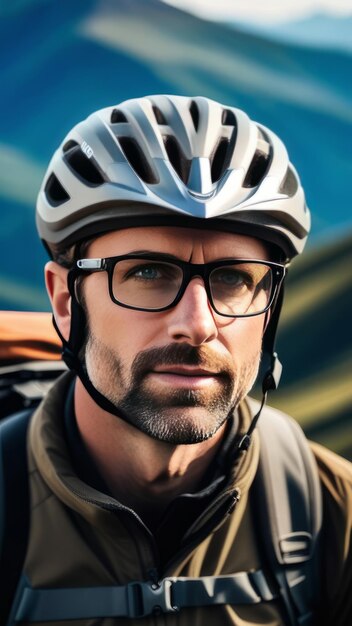 Ein Mann mit Helm und Brille steht zuversichtlich vor der hohen Bergkulisse, bereit für Abenteuer und Erkundungen. Er bereitet sich vielleicht auf eine Fahrradfahrt oder eine andere Outdoor-Aktivität vor