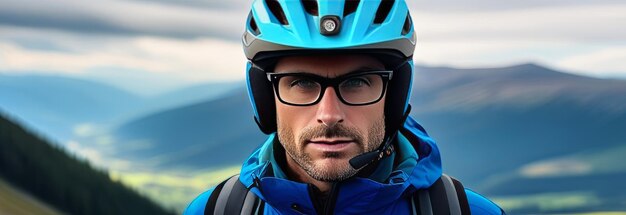 Ein Mann mit Helm und Brille steht zuversichtlich vor der hohen Bergkulisse, bereit für Abenteuer und Erkundungen. Er bereitet sich vielleicht auf eine Fahrradfahrt oder eine andere Outdoor-Aktivität vor