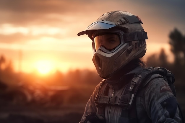 Ein Mann mit Helm und Schutzbrille steht vor einem Sonnenuntergang.