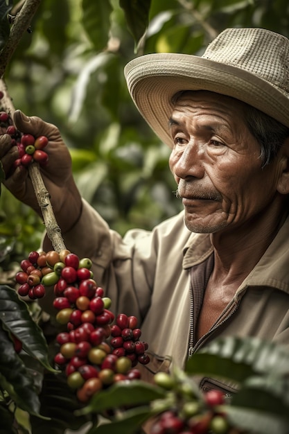 Ein Mann mit Hut pflückt Kaffeebohnen von einem Baum. Generatives KI-Bild