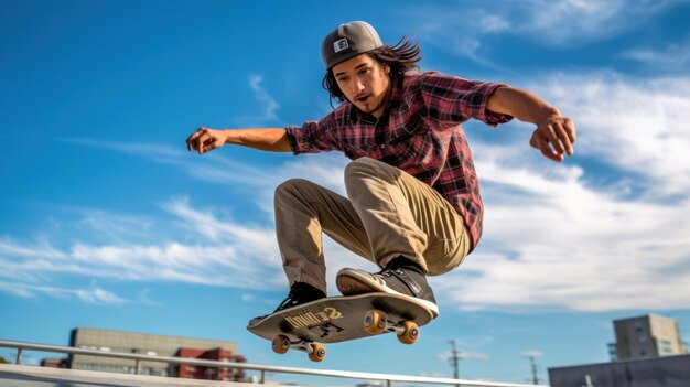 Ein Mann mit Hut springt mit seinem Skateboard.