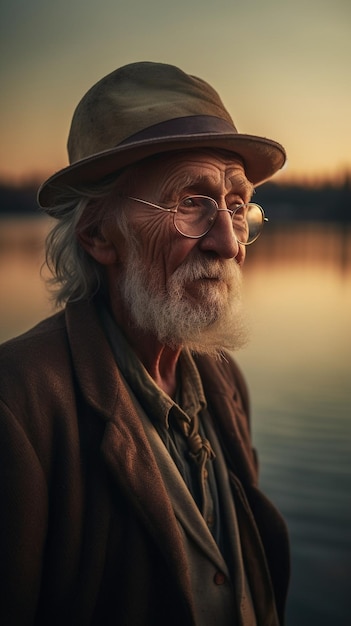 Ein Mann mit Hut und Brille steht auf einem Dock vor einem Sonnenuntergang