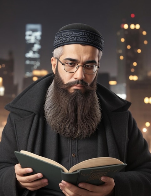 Ein Mann mit islamischem Aussehen, schönem Bart, der einen Koran liest, der von Ai generiert wurde