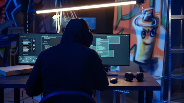 Ein Mann mit Kapuze hackt in einem unterirdischen Versteck Computer.