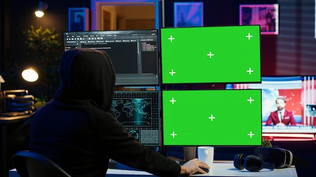 Ein Mann mit Kapuze schreibt Codezeilen auf einem PC mit grünem Bildschirm aus einer Wohnung