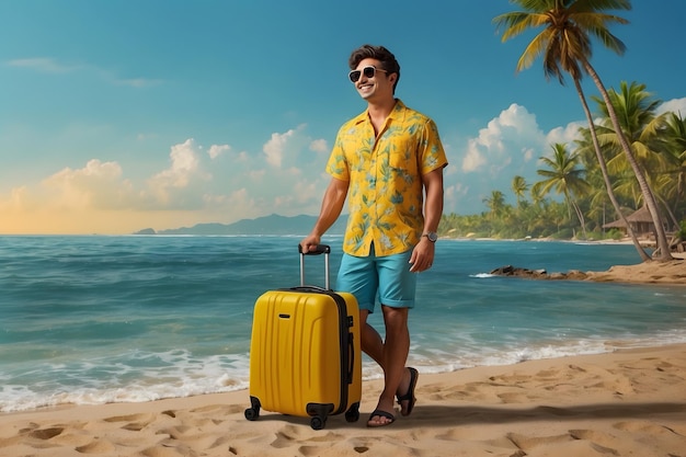 Ein Mann mit Kleidern im Strandstil mit einem Koffer am Strand