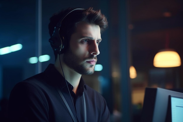 Ein Mann mit Kopfhörern sitzt in einem dunklen Raum, vor sich ein Laptop.