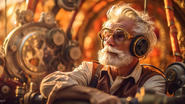 Foto ein mann mit kopfhörern und brille sitzt vor einer alten steampunk-maschine.