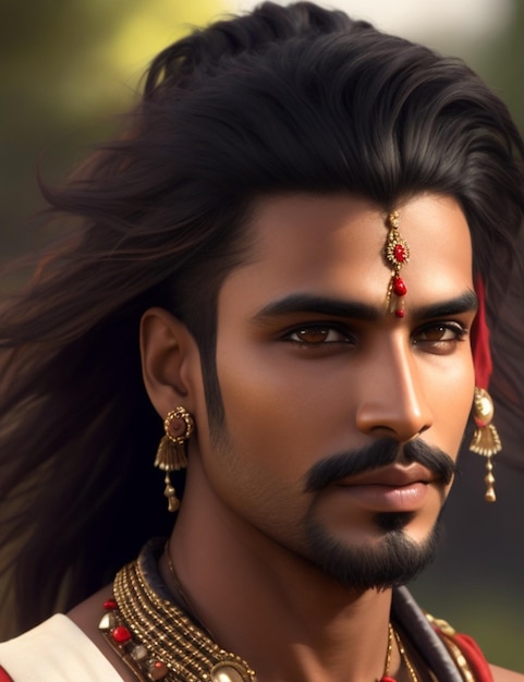 Ein Mann mit langem Bart und langen schwarzen Haaren und einer roten Halskette.