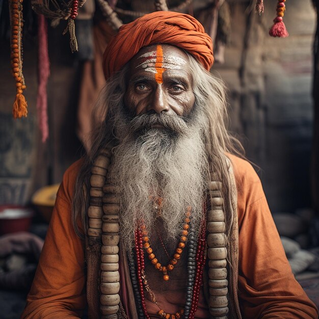 Ein Mann mit langem grauen Bart und orangefarbenem Turban sitzt in einem Tempel.